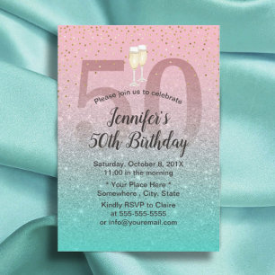 Fabulous 50 Modern Pink Silver Turquoise Birthday Kaart