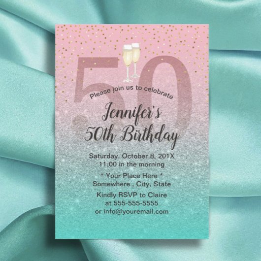 Fabulous 50 Modern Pink Silver Turquoise Birthday Kaart
