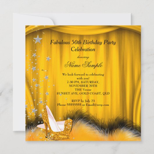 Fabulous 50 Oranje Gold High Heels Feather Party Kaart (Achterkant)