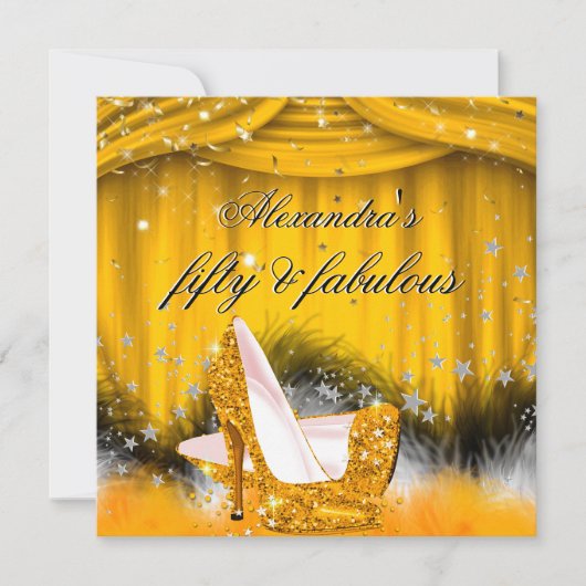 Fabulous 50 Oranje Gold High Heels Feather Party Kaart (Voorkant)