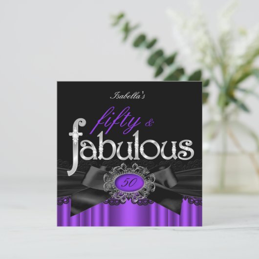 Fabulous 50 Paarse Black Lace Birthday Party Kaart (Staand voorkant)