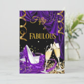 Fabulous 50 Paarse Champagne Heels Birthday Party Kaart (Staand voorkant)