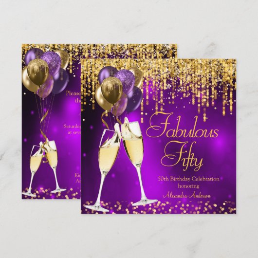 Fabulous 50 Paarse Glitter Gold Champagne SQ Kaart (Voorkant / Achterkant)