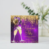 Fabulous 50 Paarse Glitter Gold Champagne SQ Kaart (Staand voorkant)