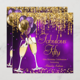 Fabulous 50 Paarse Glitter Gold Champagne SQ Kaart