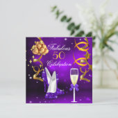 Fabulous 50 Paarse Gold Heels Champagne Party Kaart (Staand voorkant)