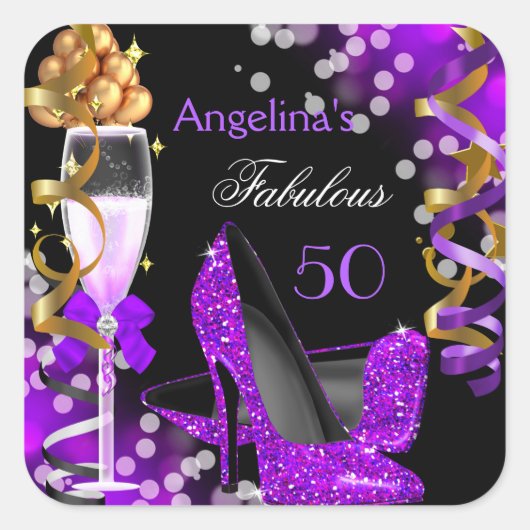 Fabulous 50 Paarse Heels Gold Bubbles Birthday Vierkante Sticker (Voorkant)