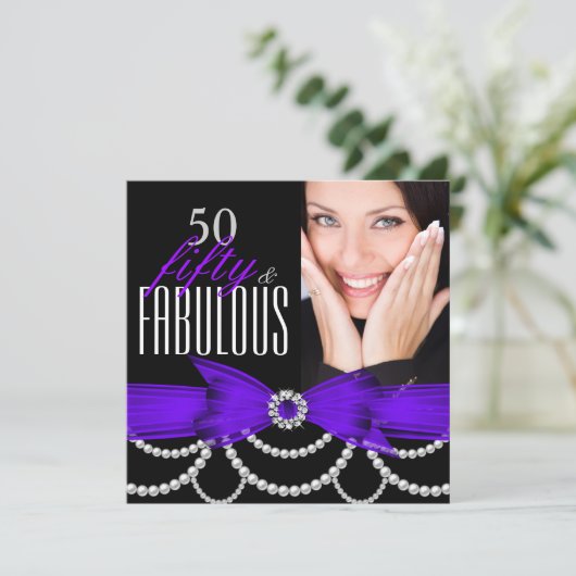 Fabulous 50 Paarse parellen Foto van Birthday Part Kaart (Staand voorkant)