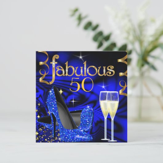 Fabulous 50 Party Abstract Blue High Heels Gold Kaart (Staand voorkant)