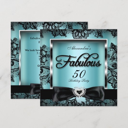 Fabulous 50 Party Blauwgroen Blue Damask Black Lac Kaart (Voorkant / Achterkant)