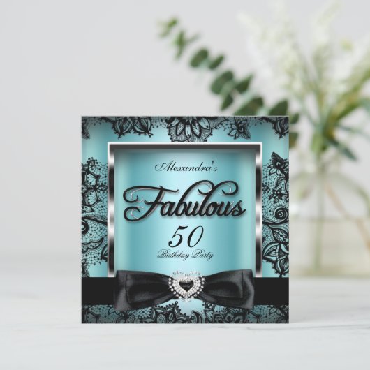 Fabulous 50 Party Blauwgroen Blue Damask Black Lac Kaart (Staand voorkant)