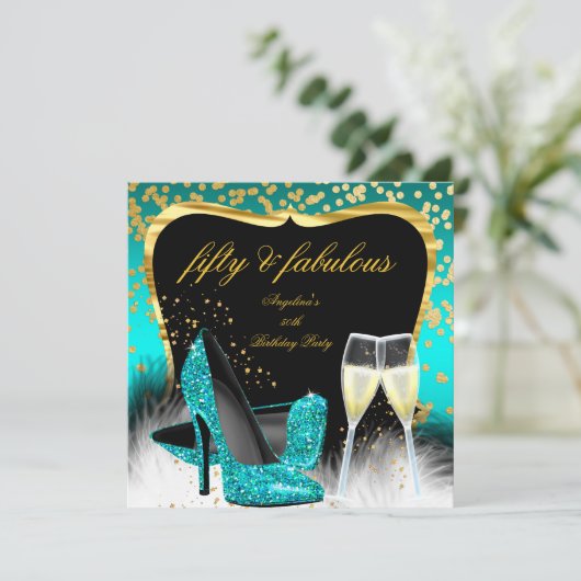 Fabulous 50 Party Blauwgroen Gold Champagne Glitte Kaart (Staand voorkant)