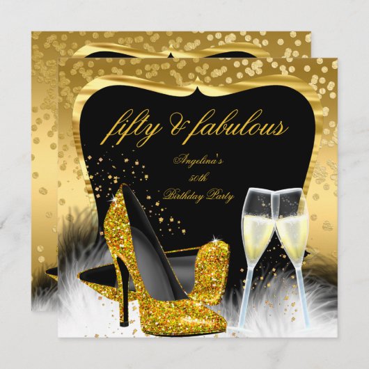 Fabulous 50 Party Gold Champagne Glitter Heels Kaart (Voorkant / Achterkant)