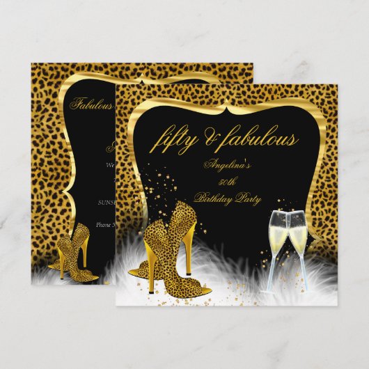 Fabulous 50 Party Gold Champagne Leopard Kaart (Voorkant / Achterkant)