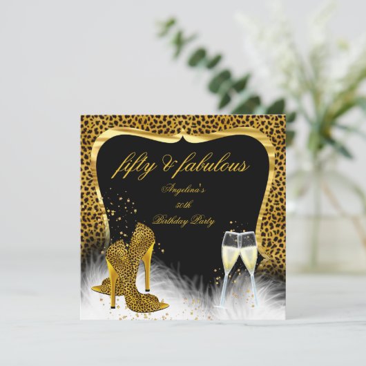 Fabulous 50 Party Gold Champagne Leopard Kaart (Staand voorkant)