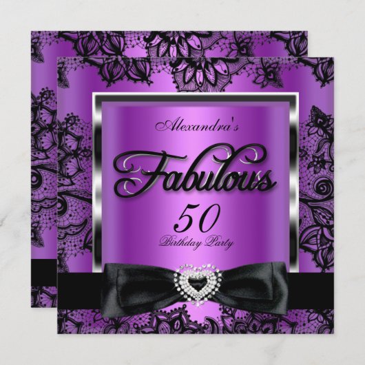 Fabulous 50 Party Paars Damask Black Lace Kaart (Voorkant / Achterkant)