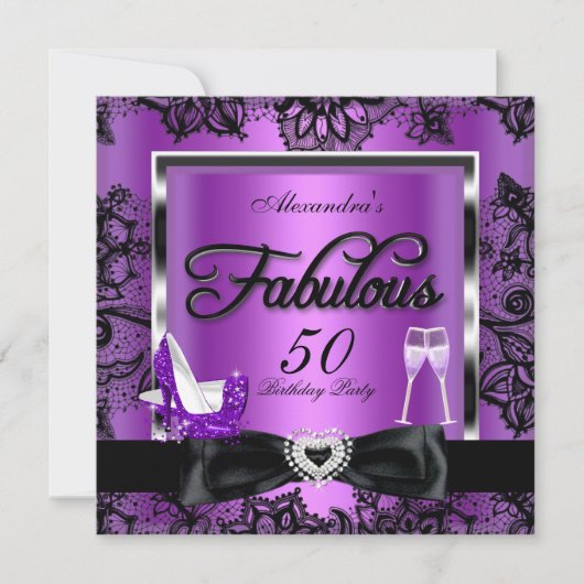 Fabulous 50 Party Paarse Champagne High Heels Kaart (Voorkant)