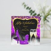 Fabulous 50 Party Paarse Magenta Gold Champagne Kaart (Staand voorkant)