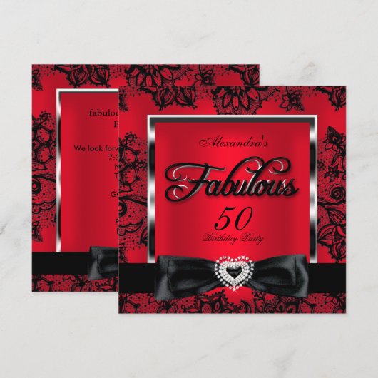 Fabulous 50 Party Red Damask Black Lace Kaart (Voorkant / Achterkant)