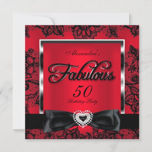 Fabulous 50 Party Red Damask Black Lace Kaart (Voorkant)