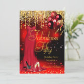 Fabulous 50 Party Red Glitter Gold Heels Dress Kaart (Staand voorkant)