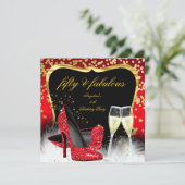 Fabulous 50 Party Red Gold Champagne Glitter Heels Kaart (Staand voorkant)
