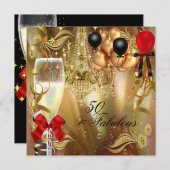Fabulous 50 Party Red Gold Champagne Party Kaart (Voorkant / Achterkant)
