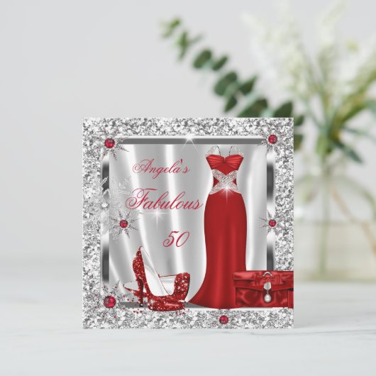 Fabulous 50 Party Red Silver Snowflakes Kaart (Staand voorkant)