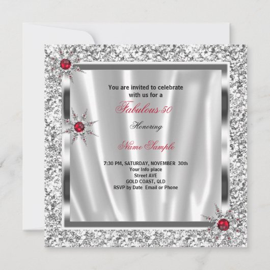 Fabulous 50 Party Red Silver Snowflakes Kaart (Achterkant)