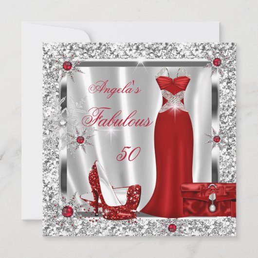 Fabulous 50 Party Red Silver Snowflakes Kaart (Voorkant)