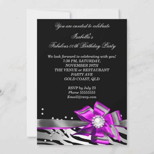 Fabulous 50 Party roze Zebra Black Silver Pearl Kaart (Achterkant)