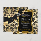 Fabulous 50 Pearl Gold Bow Black Damask Invite Kaart (Voorkant / Achterkant)