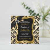 Fabulous 50 Pearl Gold Bow Black Damask Invite Kaart (Staand voorkant)