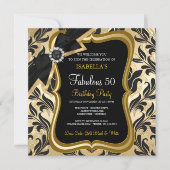 Fabulous 50 Pearl Gold Bow Black Damask Invite Kaart (Voorkant)
