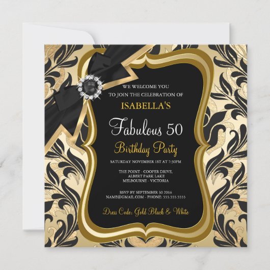 Fabulous 50 Pearl Gold Bow Black Damask Invite Kaart (Voorkant)
