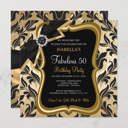 Fabulous 50 Pearl Gold Bow Black Damask Invite Kaart (Voorkant / Achterkant)