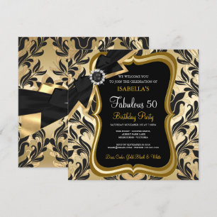 Fabulous 50 Pearl Gold Bow Black Damask Invite Kaart
