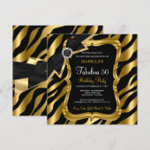 Fabulous 50 Pearl Gold Bow Black Zebra Invite Kaart (Voorkant / Achterkant)