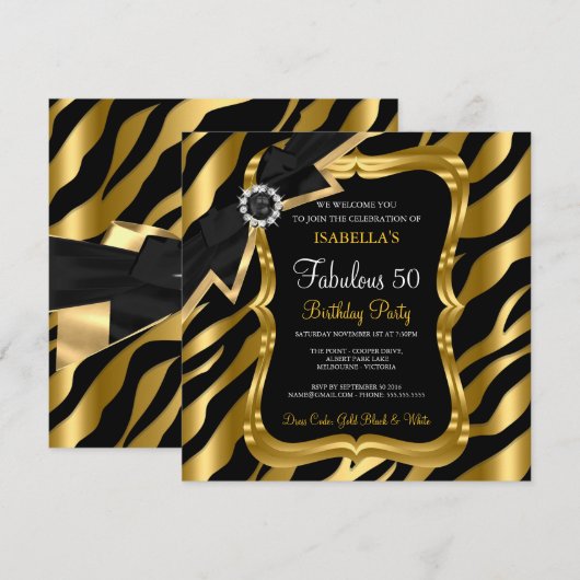 Fabulous 50 Pearl Gold Bow Black Zebra Invite Kaart (Voorkant / Achterkant)