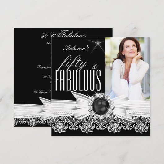 Fabulous 50 Photo Black Pearl White Lace Birthday Kaart (Voorkant / Achterkant)