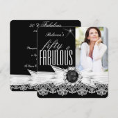Fabulous 50 Photo Black Pearl White Lace Birthday Kaart (Voorkant / Achterkant)