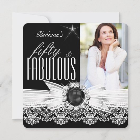 Fabulous 50 Photo Black Pearl White Lace Birthday Kaart (Voorkant)