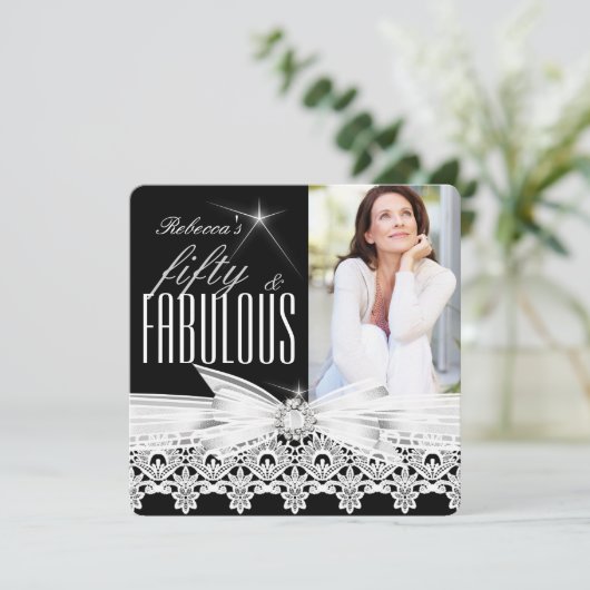 Fabulous 50 Photo Black White Lace 50th Birthday 2 Kaart (Staand voorkant)