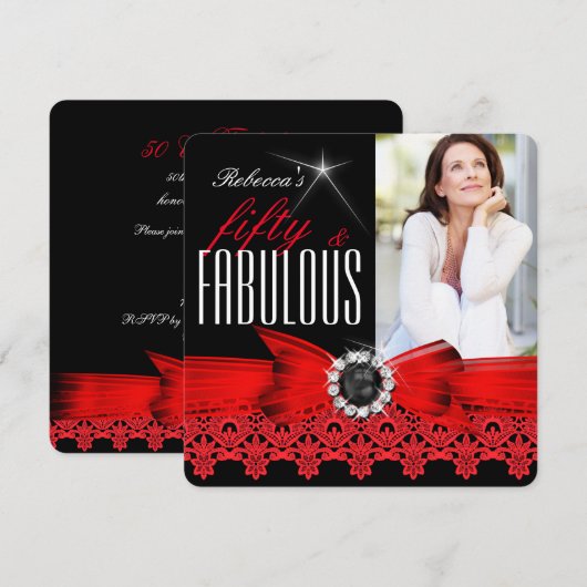 Fabulous 50 Photo Black White Red Lace Birthday Kaart (Voorkant / Achterkant)