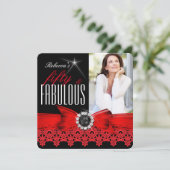 Fabulous 50 Photo Black White Red Lace Birthday Kaart (Staand voorkant)