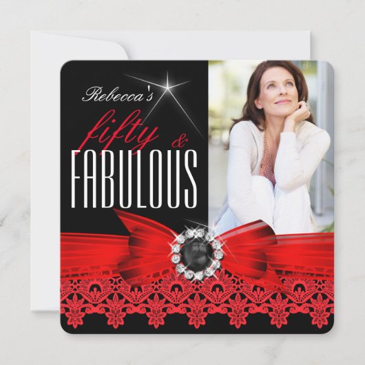Fabulous 50 Photo Black White Red Lace Birthday Kaart (Voorkant)