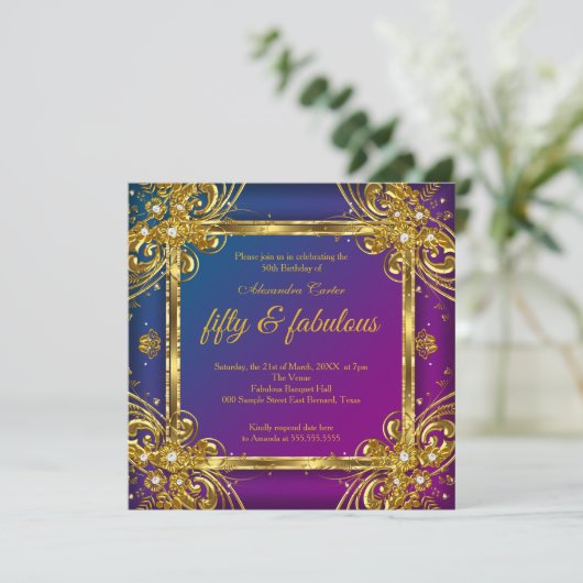 Fabulous 50 Photo Gold Mulberry Blue Party Kaart (Staand voorkant)