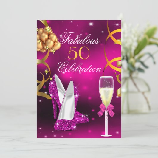 Fabulous 50 Pink Gold Heels Champagne Party Kaart (Staand voorkant)