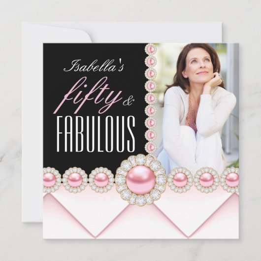 Fabulous 50 Pink Pearl Foto Elegant Birthday Kaart (Voorkant)