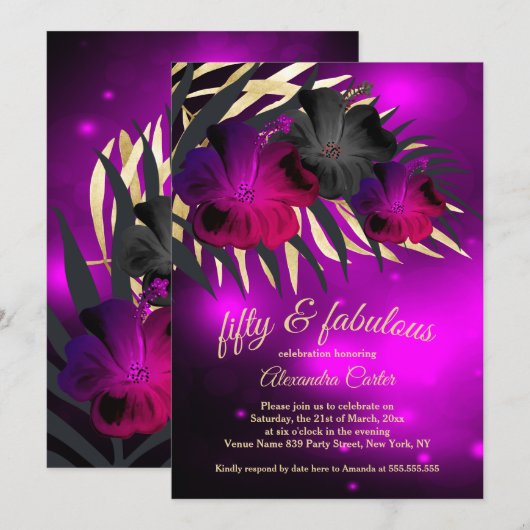 Fabulous 50 Plum Paars Gold Black Hibiscus party Kaart (Voorkant / Achterkant)